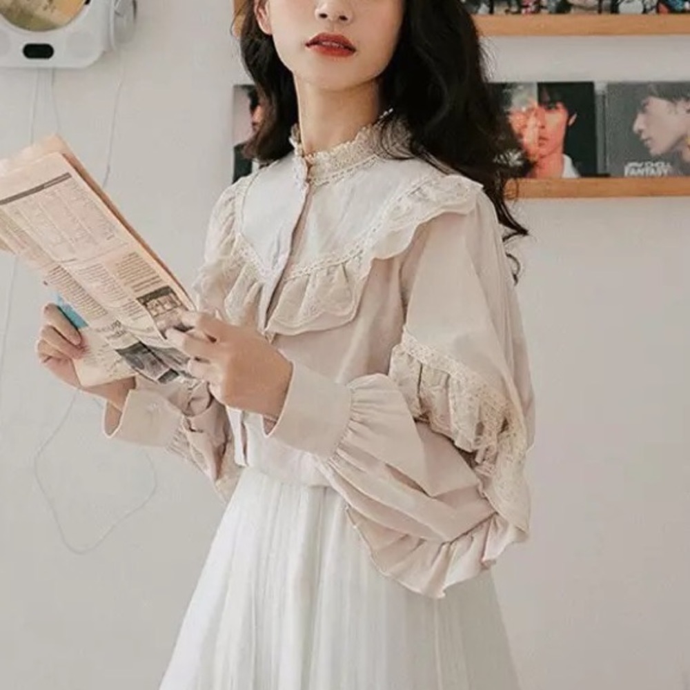 Lace blouse shirt soft khaki button top collar long sleeve